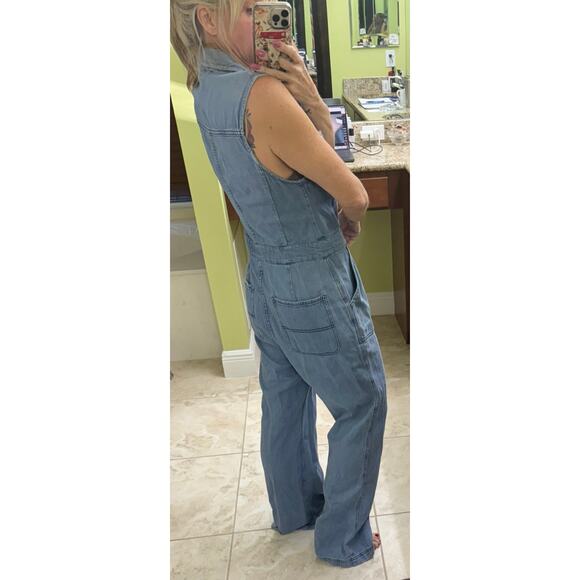 Free People sleeveless denim zip jumpsuit size 10 wide leg drop waist vintage - Picture 4 of 6
